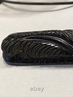 Antique Victorian Mourning Jewelry Carved Plume Brown Black Whitby Jet Bar Pin