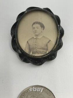 Antique Victorian Photo of a Young Woman Mourning Memento Mori Brooch