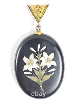 Antique Victorian Pietra Dura Pendant Mourning Photo Locket Lily Flowers Gold LG