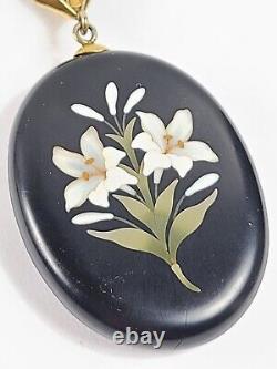 Antique Victorian Pietra Dura Pendant Mourning Photo Locket Lily Flowers Gold LG