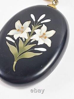 Antique Victorian Pietra Dura Pendant Mourning Photo Locket Lily Flowers Gold LG