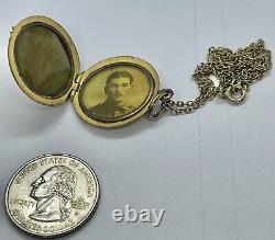 Antique Victorian Rolled Gold Round Locket Soldier Photo & Lock of Hair 16 1/2