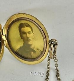 Antique Victorian Rolled Gold Round Locket Soldier Photo & Lock of Hair 16 1/2