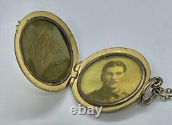 Antique Victorian Rolled Gold Round Locket Soldier Photo & Lock of Hair 16 1/2