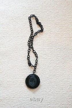 Antique Victorian Round Cameo Bakelite Mourning Necklace On Link Necklace