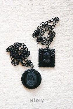 Antique Victorian Round Cameo Bakelite Mourning Necklace On Link Necklace