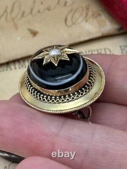 Antique Victorian Scottish Bullseye Agate Mourning Brooch Hair 14kt Gold Tested