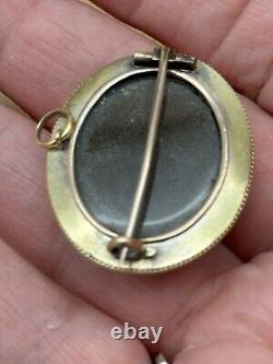 Antique Victorian Scottish Bullseye Agate Mourning Brooch Hair 14kt Gold Tested