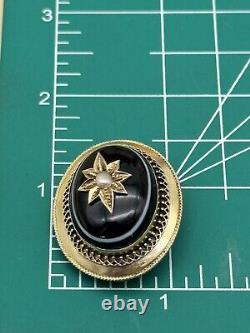 Antique Victorian Scottish Bullseye Agate Mourning Brooch Hair 14kt Gold Tested