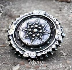 Antique Victorian Scottish Mourning Round Star Sterling Silver Brooch C Clasp 6g