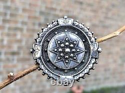 Antique Victorian Scottish Mourning Round Star Sterling Silver Brooch C Clasp 6g