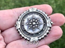 Antique Victorian Scottish Mourning Round Star Sterling Silver Brooch C Clasp 6g