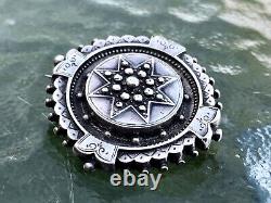 Antique Victorian Scottish Mourning Round Star Sterling Silver Brooch C Clasp 6g