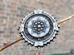 Antique Victorian Scottish Mourning Round Star Sterling Silver Brooch C Clasp 6g