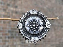 Antique Victorian Scottish Mourning Round Star Sterling Silver Brooch C Clasp 6g