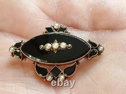 Antique Victorian Seed Pearl Onyx Mourning Brooch Pin 14k Yellow Gold