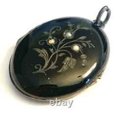 Antique Victorian Seed Pearls Flower Mourning onyx Enamel Photo Locket Pendant