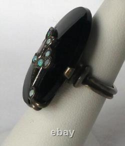 Antique Victorian Sterling Onyx Opal Flower Mourning Ring Handmade Big 1.25 Sz6