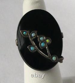 Antique Victorian Sterling Onyx Opal Flower Mourning Ring Handmade Big 1.25 Sz6
