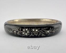 Antique Victorian Sterling Silver Seed Pearl & Enamel Mourning Bangle Bracelet