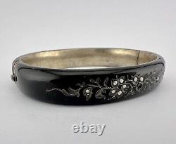 Antique Victorian Sterling Silver Seed Pearl & Enamel Mourning Bangle Bracelet