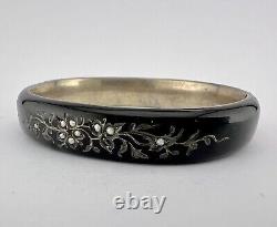 Antique Victorian Sterling Silver Seed Pearl & Enamel Mourning Bangle Bracelet