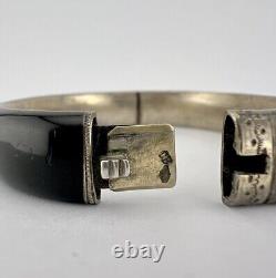 Antique Victorian Sterling Silver Seed Pearl & Enamel Mourning Bangle Bracelet