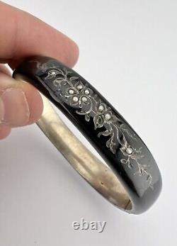 Antique Victorian Sterling Silver Seed Pearl & Enamel Mourning Bangle Bracelet