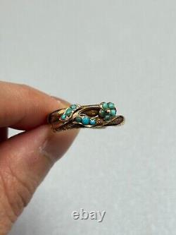 Antique Victorian Turquoise Hair Ring 14k Yellow Gold Mourning Jewelry