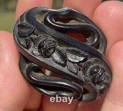 Antique Victorian Whitby Jet Hand Carved Forget Me Not Rose Mourning Brooch Pin