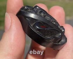 Antique Victorian Whitby Jet Hand Carved Forget Me Not Rose Mourning Brooch Pin