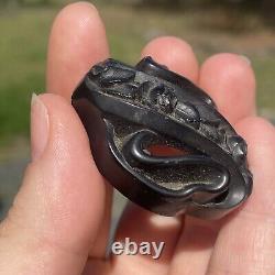 Antique Victorian Whitby Jet Hand Carved Forget Me Not Rose Mourning Brooch Pin