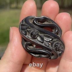 Antique Victorian Whitby Jet Hand Carved Forget Me Not Rose Mourning Brooch Pin