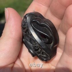 Antique Victorian Whitby Jet Hand Carved Forget Me Not Rose Mourning Brooch Pin