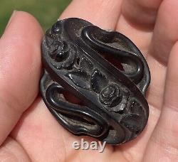 Antique Victorian Whitby Jet Hand Carved Forget Me Not Rose Mourning Brooch Pin