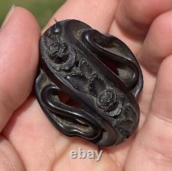 Antique Victorian Whitby Jet Hand Carved Forget Me Not Rose Mourning Brooch Pin