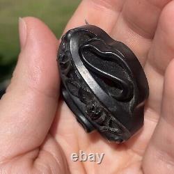 Antique Victorian Whitby Jet Hand Carved Forget Me Not Rose Mourning Brooch Pin