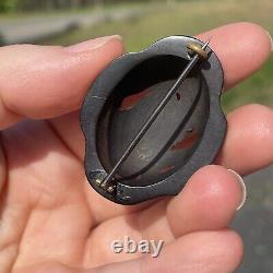 Antique Victorian Whitby Jet Hand Carved Forget Me Not Rose Mourning Brooch Pin