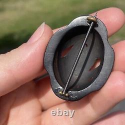 Antique Victorian Whitby Jet Hand Carved Forget Me Not Rose Mourning Brooch Pin