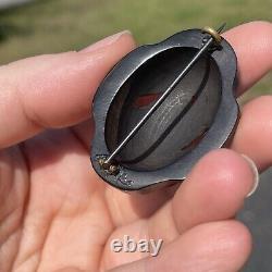 Antique Victorian Whitby Jet Hand Carved Forget Me Not Rose Mourning Brooch Pin