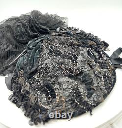 Antique Victorian Womans Mourning Funeral Hat with Veil Black Sequin Beads Pin