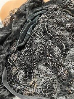 Antique Victorian Womans Mourning Funeral Hat with Veil Black Sequin Beads Pin