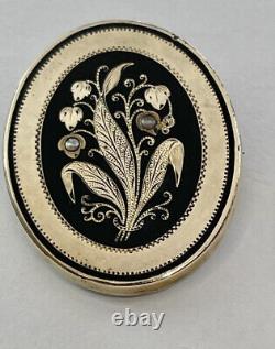Art Nouveau Lily of the Valley in Black Enamel Seed Pearls Mourning Brooch