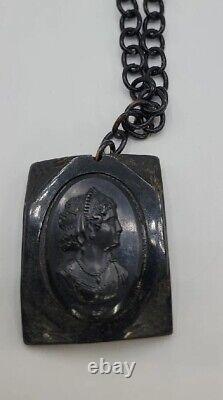 Bakelight Mourning Black Cameo Necklace Victorian Art Deco Large Black Cameo