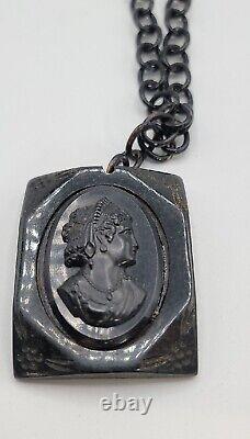 Bakelight Mourning Black Cameo Necklace Victorian Art Deco Large Black Cameo