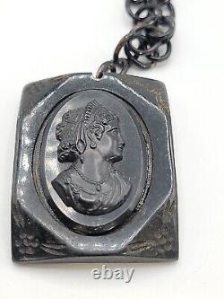 Bakelight Mourning Black Cameo Necklace Victorian Art Deco Large Black Cameo