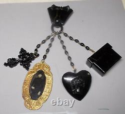 CHATELAINE Black Mourning Bowed Brooch, Tintype Cameo Heart, Memoirs, Cross OOAK