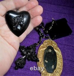 CHATELAINE Black Mourning Bowed Brooch, Tintype Cameo Heart, Memoirs, Cross OOAK