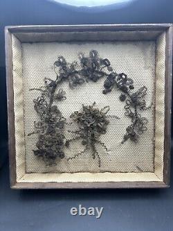 Exquisite Antique Victorian Mourning Hair Wreath Art Shadow Box
