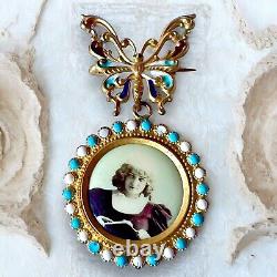 Exquisite Victorian Mourning Butterfly Brooch Charm Young Girl Portrait
